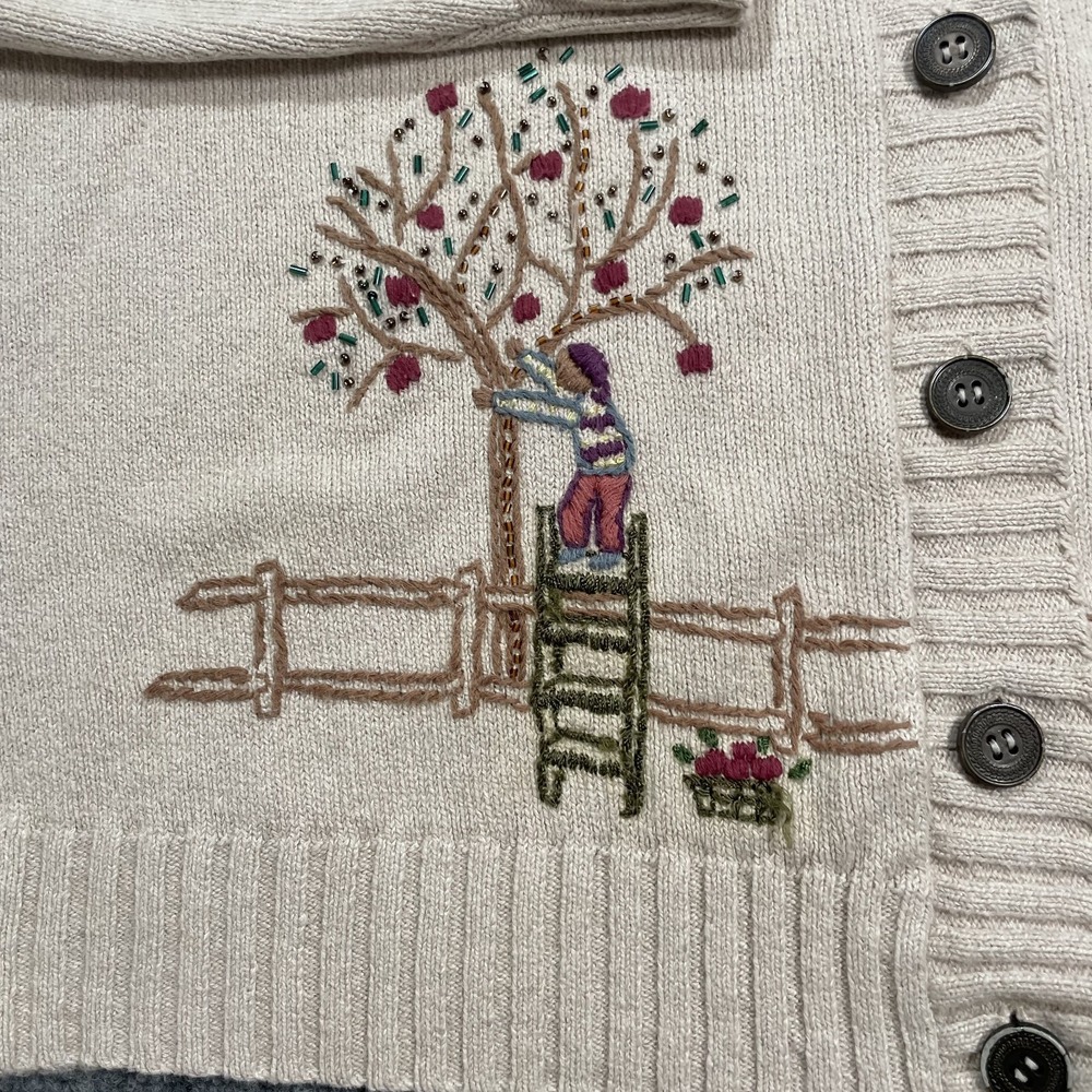 Vintage Embroidered Knit Cardigan Women's Size XL Beige Shawl Neck Cottagecore - Picture 4 of 12